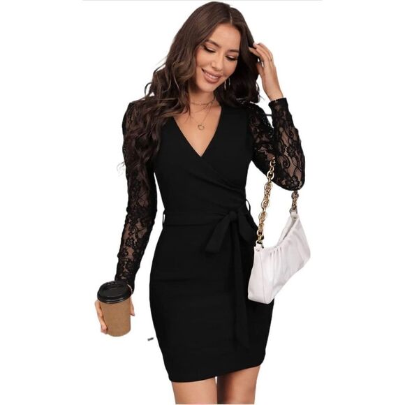 NEW Elegant Lace Sleeve Wrap Dress M - Picture 1 of 3